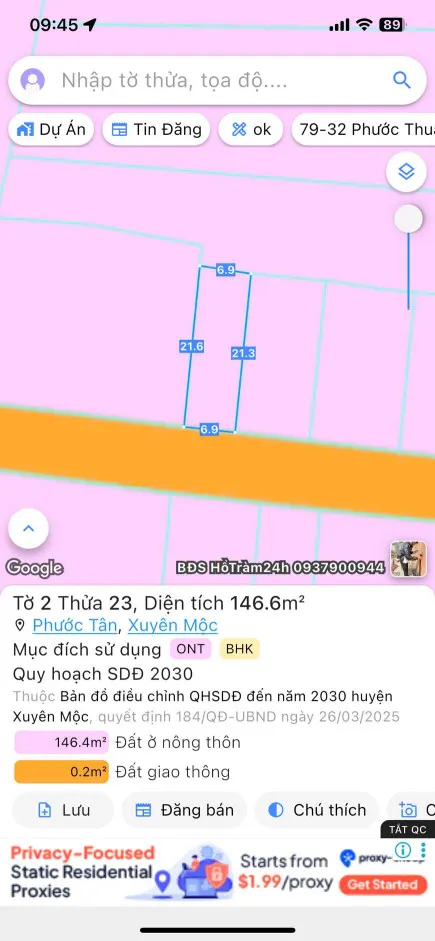 Bán đất 146,6m² ngang 6.9m giá 1.2 tỷ Xã Hồ Tràm