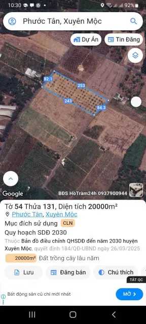 Bán đất 20000m² ngang 84m giá 27 tỷ Xã Hồ Tràm
