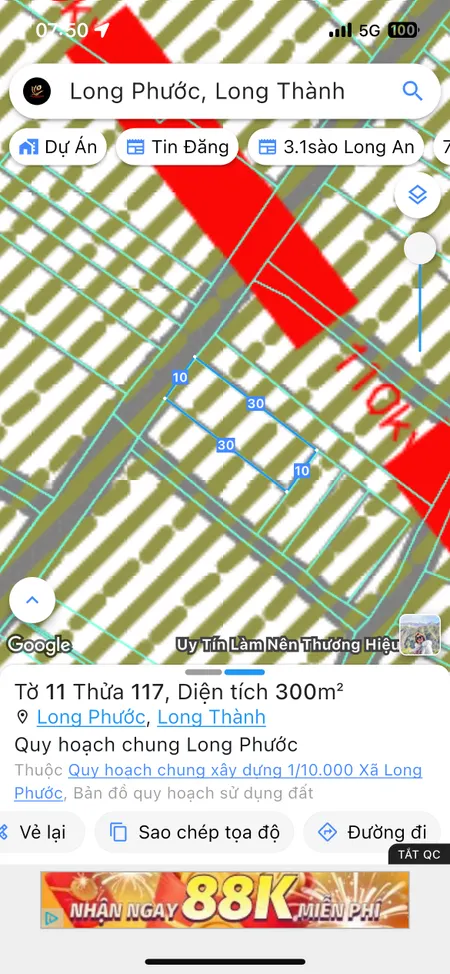 Bán đất 300m² ngang 10m giá 100 triệu Xã Long Phước