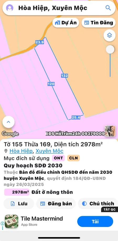 Bán đất 2978,1m² ngang 23,9m giá 1.94 tỷ Xã Hòa Hiệp
