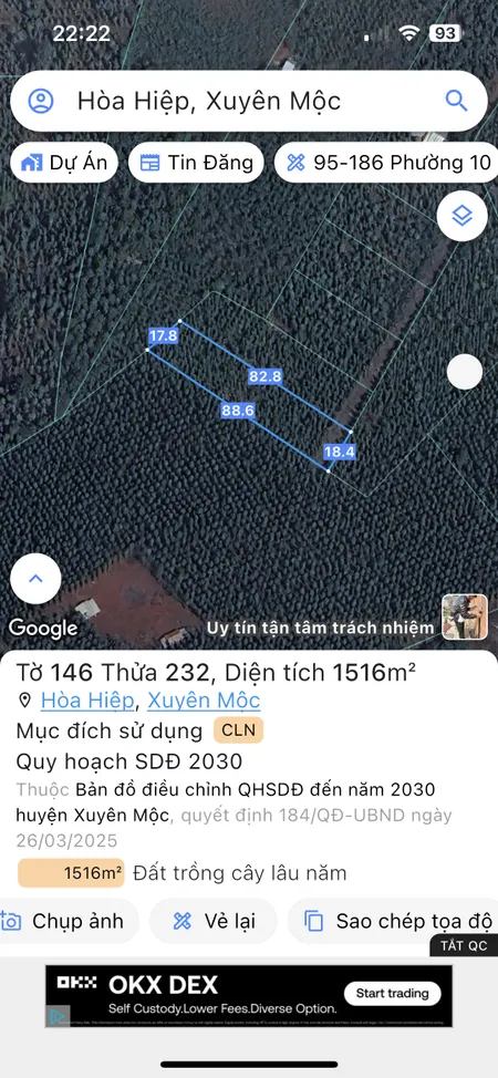 Bán đất 1515,7m² ngang 17,8m giá 682.07 triệu Xã Hòa Hiệp