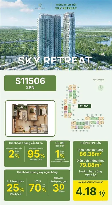 Căn hộ eco retreat 86m2 2pn 2wc, tầng đẹp, giá tốt, view sông bến lức, bàn giao nội thất cao cấp