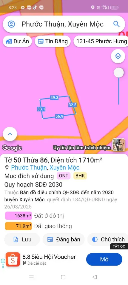 Bán đất 1710m² ngang 32.5m giá 3.8 tỷ Xã Hồ Tràm