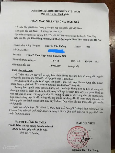 Chính chủ em bán đất trúng đấu giá khu đồng phươm xã thọ lộc, phúc thọ, hà nội bán ạ. 0976 613 ***