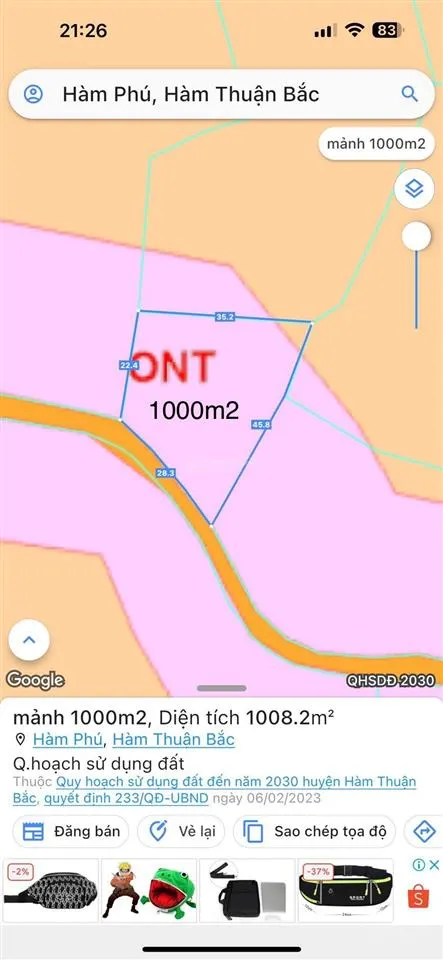 1000m2 quy hoạch đất ở ont tại hàm phú