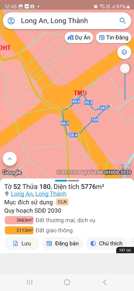 Bán đất TMD -  5776.3m² ngang 66m giá 11.5 tỷ Xã Long Thành