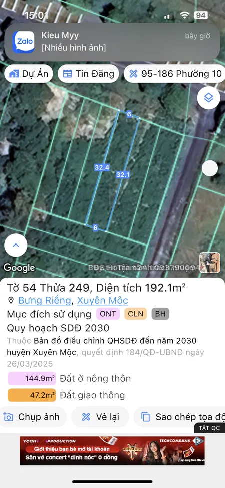 Bán đất 192.1m² ngang 6m giá 2.98 tỷ Xã Xuyên Mộc