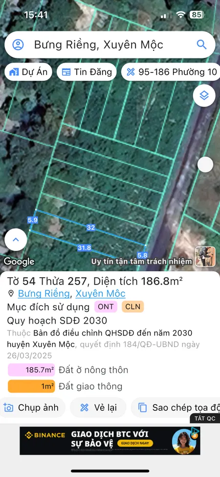 Bán đất 186,8m² ngang 5,9m giá 1.96 tỷ Xã Xuyên Mộc