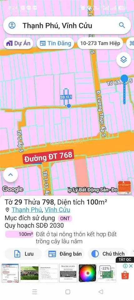 Bán đất 100m2, đường 768, thạnh phú, vĩnh cửu, 16 triệu / m2