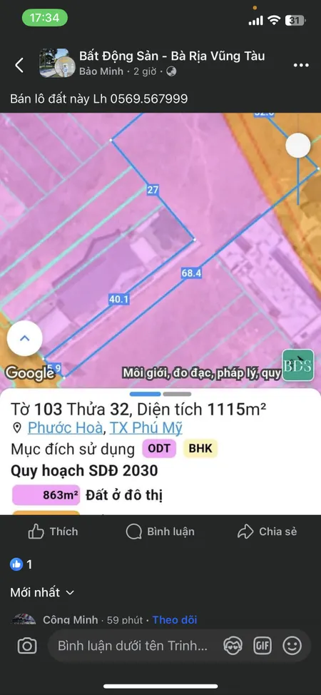 Bán đất 1115m² ngang 5m giá 8.5 tỷ Phường Tân Phước