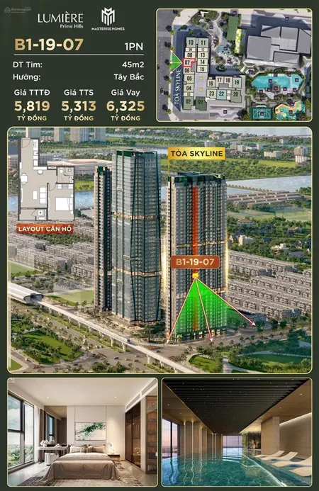 Bán căn 1pn 45m2 giá 5,313 tỷ view công viên nội khu, tầng trung đẹp. giá tốt nhất
