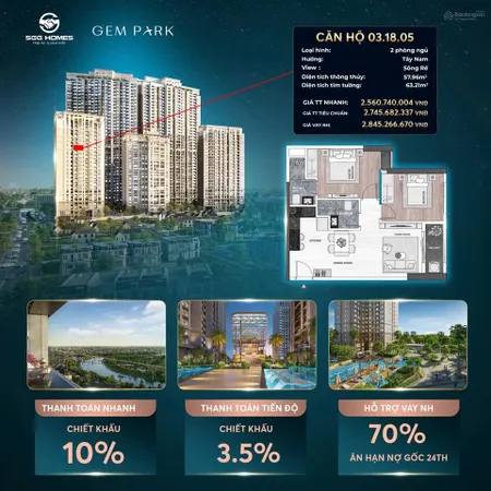 Sót lại duy nhất căn hộ 2pn 57m2 tầng cao view sông rế giá chỉ 2,56 tỷ