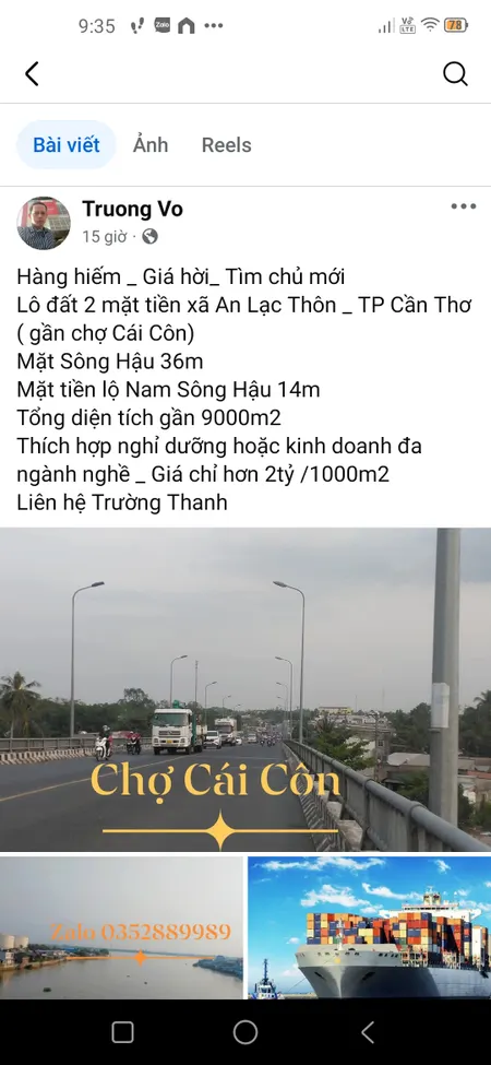 Đất 2 mặt tiền lộ Nam Sông Hậu và Sông Hậu