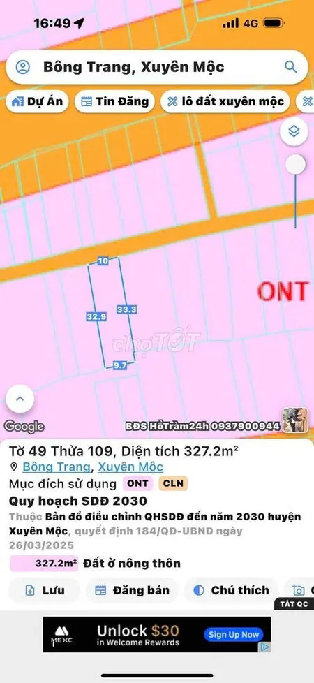 Bán đất 327.2m² ngang 10m giá 1.6 tỷ Xã Xuyên Mộc