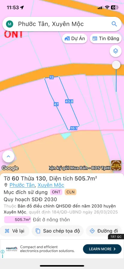 Bán đất 505m² ngang 12m giá 1.9 tỷ Xã Hồ Tràm