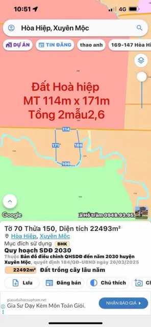 Bán đất 22492,5m² ngang 114m giá 5.7 tỷ Xã Hòa Hiệp
