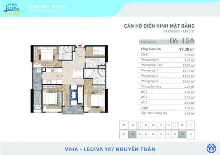 Chính chủ bán căn ngoại giao 1506 dt 97.23m2 dự án viha leciva hướng đông nam 0977 917 ***