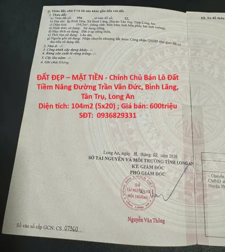ĐẤT ĐẸP – MẶT TIỀN - Chính Chủ Bán Lô Đất Tiềm Năng Đường Trần Văn Đức, Bình Lãng, Tân Trụ, Long An