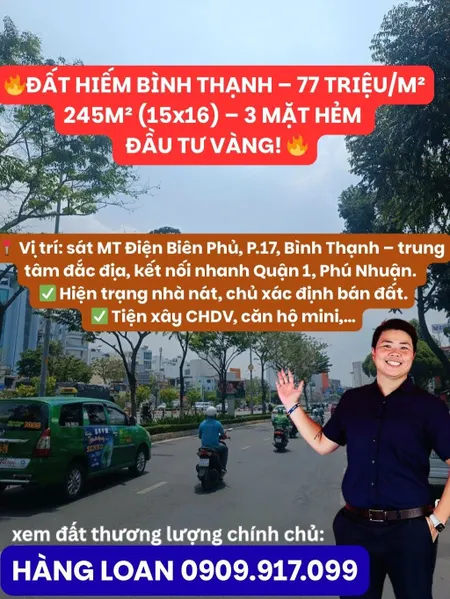 77tr/m² đất hiếm 245m² Điện Biên Phủ,
 3 mặt hẻm, xây CHDV siêu lợi 0909917099