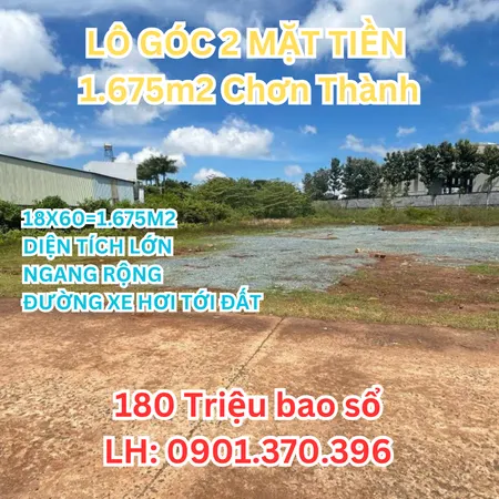 1.675m² Góc 2 Mặt Tiền, Có Thổ Cư, Giá 180tr, Gần QL14 KCN Chơn Thành