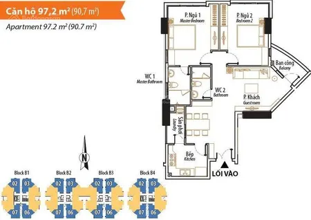 Bán căn 02 phòng ngủ, 97m2 tầng trung, giá tốt nhất, gió mát cả ngày, cam kết giá thật