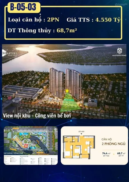 Chỉ 4,55 tỷ sở hữu ngay căn hộ 2 pn 74,3m2 tại masteri rivera danang, view trọn vẹn pháo hoa diff