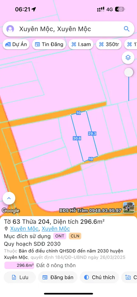Bán đất 325.7m² ngang 10m giá 1.6 tỷ Xã Xuyên Mộc