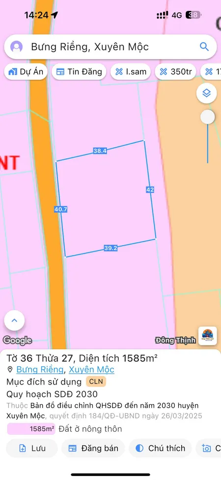 Bán đất 1594.9m² giá 4 tỷ Xã Xuyên Mộc