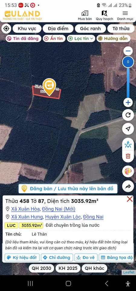 Bán đất 3035.9m² ngang 33m giá 1.5 tỷ Xã Xuân Hòa