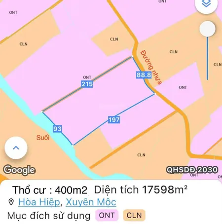 Gần 1.8ha đất thổ cư sẵn 400m2 ngang đến 89m, mặt tiền nhựa xe hơi, sau lưng giáp suối, giá đầu tư