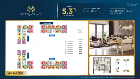 Bán gấp căn hộ victoria village quận 2 2pn 62.3m, giá 5.3 tỷ, nhận nhà 2026