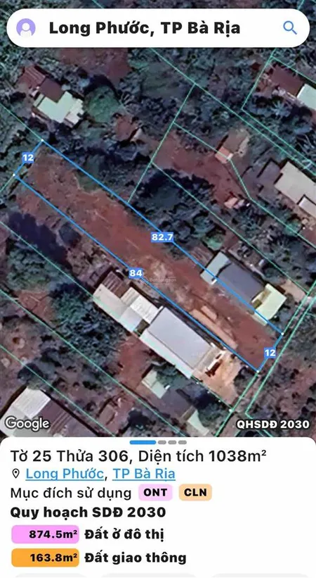 Bán gấp đất nền 1038,3 m2 (có 200m thổ cư) tại đường 79, xã long phước, bà rịa, 3,9 tỷ