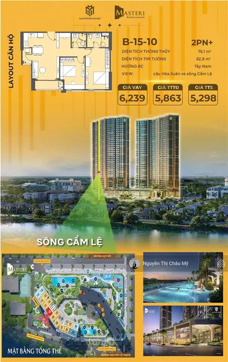 Căn hộ 2pn + tầng 15 view sông mát quanh năm căn hộ hàng hiệu masteri đà nẵng ms châu mỹ