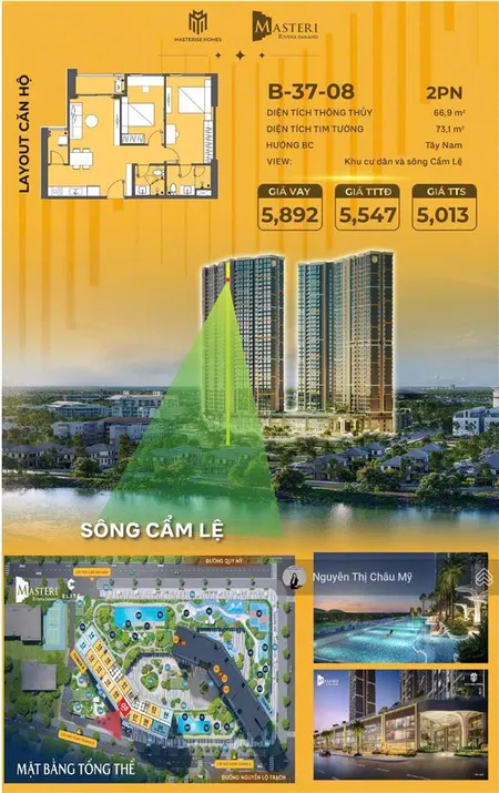 Căn hộ 2pn tầng cao 37 view sông mát quanh năm căn hộ hàng hiệu masteri đà nẵng ms châu mỹ