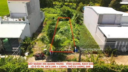Đất nhánh 396 quang trung ngay trung tâm rạch giá. lộ 7m, 5x24m, 100m2 thổ cư nền cao ráo vuông đẹp