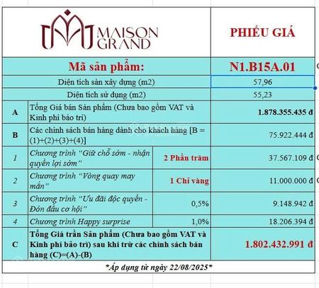 Bán căn hộ tại Maison Grand Phú Mỹ, 1,8 tỷ, 58m2, 2PN, 1WC