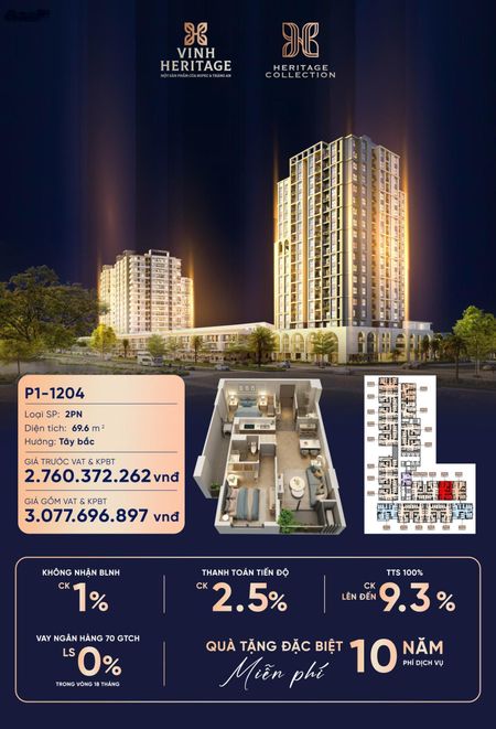 Bán căn hộ chung cư Vinh Heritage, 2,79 tỷ, 69m2, 2PN, 2WC tại Lê Mao, Vinh Tân, Vinh, Nghệ An