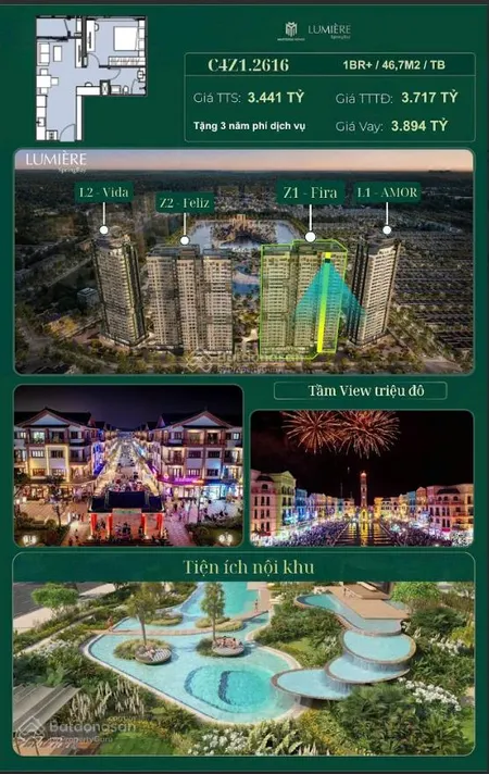 Căn 1pn + tầng cao view pháo hoa siêu đẹp phân khu cao cấp lumiere spring bay