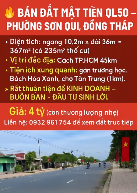 Bán đất mặt tiền QL 50, Phường Sơn Qui, Đồng Tháp mới