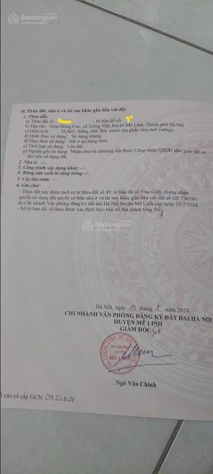 Bán gấp lô đất tại thôn đông cao, xã tráng việt, mê linh, hà nội 37 triệu / m2, 76.8 m2 hàng hiếm