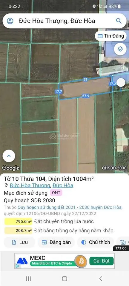 Đất nông nghiệp thích hợp làm nhà vườn, dt 1000m2 xã mỹ hạnh bắc long an