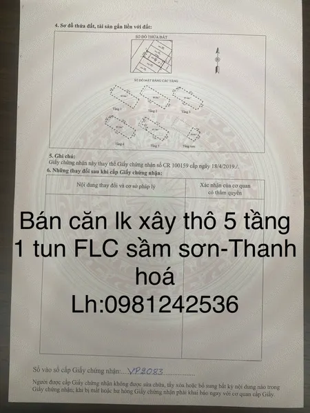 Bán căn lk xây thô 5 tầng 1 tum đã có sổ đỏ