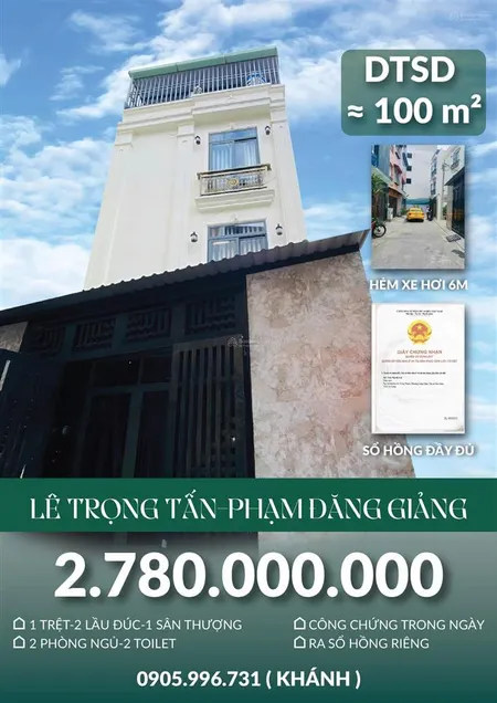 Chính chủ bán gấp nhà lê trọng tấn phạm đăng giảng hẻm xe hơi 6m giá 2 tỷ 780 triệu