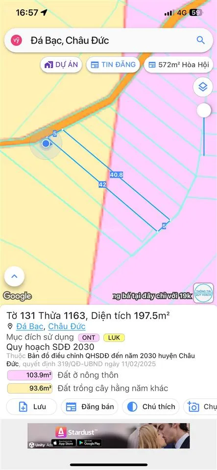 Bán đất tại xã đá bạc, châu đức, giá cực chất 550 triệu, 191m2 có 80m2 thổ cư. 0943 138 *** khánh