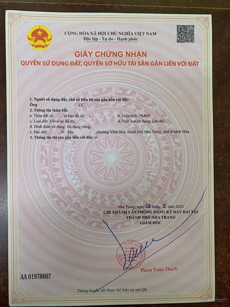Bán đất đường lê văn huân, phường vĩnh hoà, nha trang. dt 74,8m2. gần biển. giá 8 tỷ. sổ hồng odt