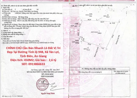 CHÍNH CHỦ Cần Bán Nhanh Lô Đất Vị Trí Đẹp Tại Đường Tỉnh lộ 948, Xã Tân Lợi, Tịnh Biên, An Giang