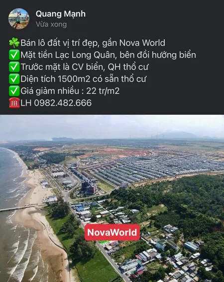 Bán 1500m2 sẵn thổ cư View biển gần Nova World giá chỉ 22 tr/m2 lvcc 0982482666