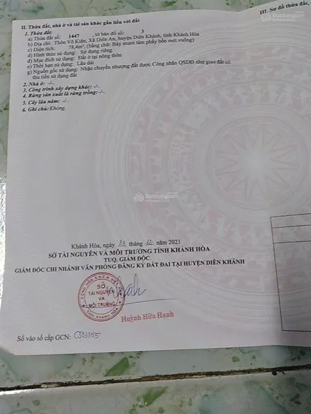 Bán đất thổ cư diên anthôn võ kiện cách đường võ nguyên giáp chỉ 200m .dt 78,4m2, giá 1,095 tỷ