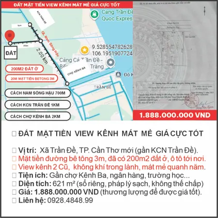 Bán đất 621m² ngang 20m giá 1.88 tỷ Xã Trần Đề