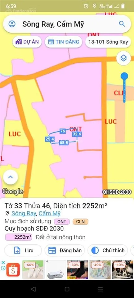 Đất thổ cư 300m2 nhà vườn sông ray